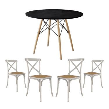 Imagem de Jogo De Mesa Eiffel Redondo Tampo De Madeira 90Cm Preto Com 4 Cadeiras Katrina Branca A...