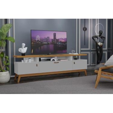 Imagem de Rack ABS 1.80m Estilo Retrô Com Pés em Madeira e Puxadores em Couro Para TV Até 70'' 3 Portas Cor Nature/Cinza