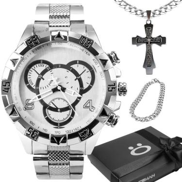 Imagem de Kit Relógio Masculino Prata aço prova agua + corrente Conjunto inox-Masculino