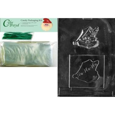 Imagem de Cybrtrayd Molde de chocolate de Natal Ho-Ho Papai Noel com kit de embalagem, inclui 25 sacos de violoncelo e 25 laços verdes torcidos