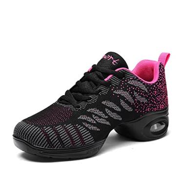 Imagem de YUKTOPA Tênis de dança feminino tênis de jazz com cadarço tênis de caminhada leve respirável sapatos plataforma femininos, Cinza/Rosa a, 8.5