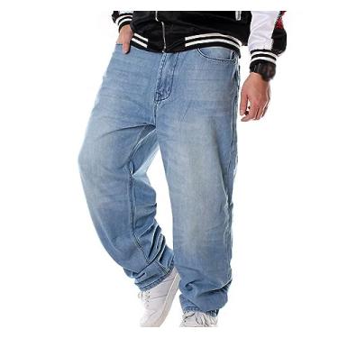 Imagem de Calça jeans clássica masculina urbana tendência larga tamanho grande calça skatista dança rua rap skater calças de perna larga estilo hip hop, Azul, P