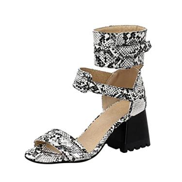 Imagem de Sapatos femininos de couro de pele de cobra oco aberto bico grosso salto alto gancho laço sapatos para mulheres sandálias confortáveis, Branco, 7