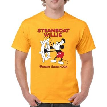 Imagem de Camiseta masculina Steamboat Willie Vibing Since 1928 icônica retrô desenho mouse atemporal clássica vintage Vibe, Amarelo, G