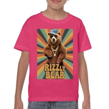 Imagem de Camiseta juvenil divertida Urso Rizzly Charisma Trocadilho Charmoso Meme Grizzly Flirting Smooth Talker Namoro Confiança Crianças, Rosa choque, M