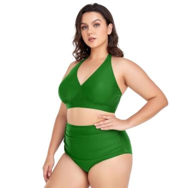 Imagem de Biquíni feminino plus size, conjunto de biquíni de 2 peças, cintura alta, frente única, franzido com parte inferior, Verde escuro, XXG Plus Size