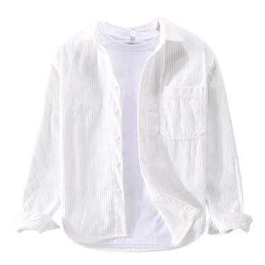 Imagem de Camisetas masculinas japonesas vintage primavera outono veludo cotelê camisas masculinas casuais simples bolso branco camisa masculina, Branco, P