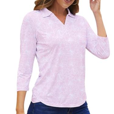 Imagem de Camisa polo feminina manga 3/4 golfe secagem rápida camisetas FPS 50+ atléticas casuais de trabalho tops para mulheres, Manga 3/4 - flores rosa, GG