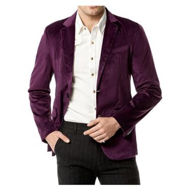 Imagem de Terno casual masculino veludo cotelê cor sólida blazer casual bolso lapela pescoço jaqueta terno, Roxo, M