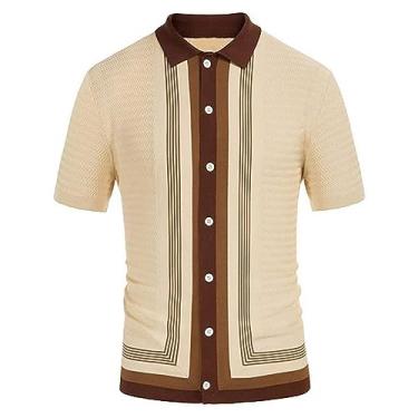 Imagem de Camisa polo masculina listrada de malha de lapela manga curta trespassado camiseta executiva absorção de umidade, Bege, G
