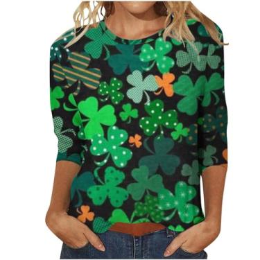 Imagem de Camiseta feminina de Dia de São Patrício com estampa da bandeira irlandesa americana túnica verde manga 3/4 camisetas tops, rosa, XXG