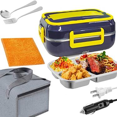 Imagem de EinNana Lancheira elétrica aquecedor de alimentos para escritório, caminhão de carro e caixas de refeições quentes escolares. Aquecedor de lancheira portátil 60W/12/24/110V. 1,5L 3 em 1 lancheiras de aquecimento de alimentos portáteis. com colher e garfo e bolsa térmica (azul)