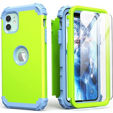 Imagem de IDweel Capa para iPhone 11 com protetor de tela (vidro temperado), híbrido 3 em 1 à prova de choque, ajuste fino, proteção resistente, capa de policarbonato rígido de silicone macio, capa de corpo inteiro, verde grama/azul claro