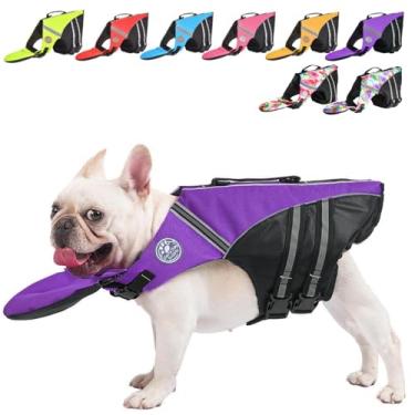 Imagem de Colete salva-vidas para cães, colete salva-vidas buldogue francês para nadar, colete de natação para cães com boia de queixo e alça de resgate, coletes salva-vidas para filhotes de cachorro de alta