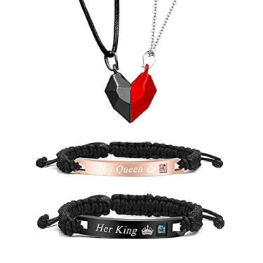 Imagem de JczR.Y Colar de coração de amor com pingente de atração coração de desejo colar combinando para casais, cordão trançado, letra King Queen, pulseira ajustável I Love You More, joias para mulheres e meninas, 4 peças, Zinco, Sem Pedra Preciosa