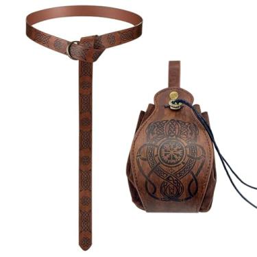 Imagem de Tvoip 2 peças, cinto viking medieval, cavaleiro, cinto de couro, acessórios de pirata renascentista, fantasia medieval, bolsa de cinto para homens e mulheres, Marrom-A, Belt Length：74.8", Bolsa de
