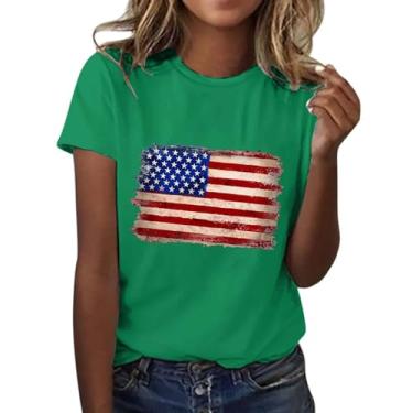 Imagem de Camiseta feminina patriótica do Dia da Independência da Bandeira Americana 4 de julho de manga curta com estrelas listradas, Verde, G