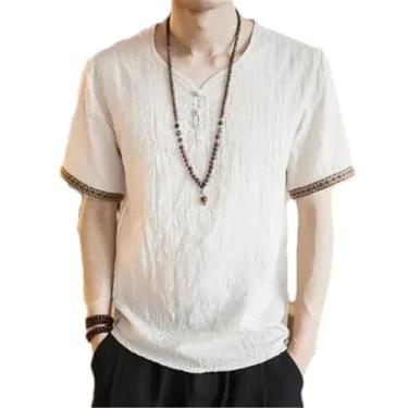 Imagem de Camiseta masculina verão algodão linho Hanfu manga curta vintage estilo chinês tang terno camiseta de linho estilo casual, 686 branco cremoso, PP