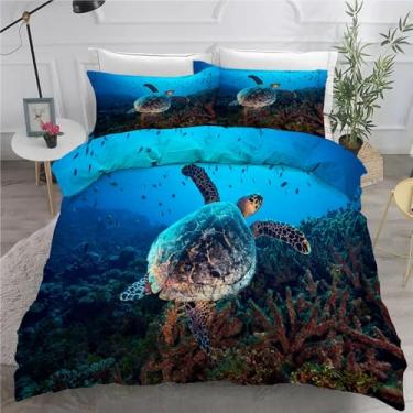 Imagem de Jogo de cama Turtle California King, capa de edredom coral, conjunto de 3 peças, capa de edredom de microfibra macia 264 x 248 cm e 2 fronhas, com fecho de zíper e laços