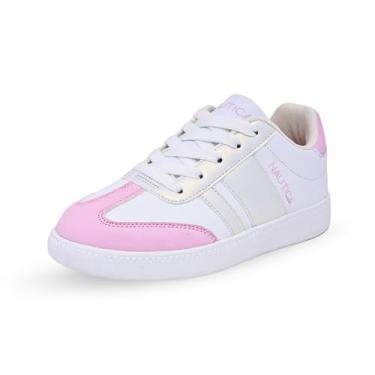 Imagem de Nautica Tênis de moda casual para meninas – Confortável cadarço tênis de rua para crianças – respirável, leve e flexível, Branco rosa iridescente, 19