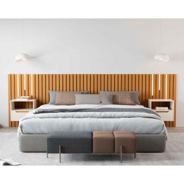 Imagem de Cabeceira Ripado Para Cama King Size Maracá Nature Com 2 Mesa de Cabeceira Jatobá Com Led OffWhite - Rede Móveis