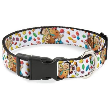 Imagem de Coleira para animais de estimação The Flintstones, fivela de plástico para coleira de cachorro, Pose de frutas Fred e Barney e seixos de cereais brancas, 23 a 33 cm de largura