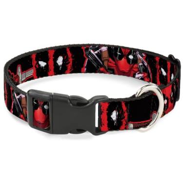 Imagem de Coleira para animais de estimação Marvel Comics, fivela de plástico para coleira de cachorro, poses de ação Deadpool, logotipo de respingos, preto, vermelho e branco, 18 a 21 cm de largura
