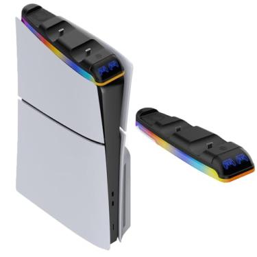 Imagem de Estação de carregamento de controlador PS5 com luz RGB, carregador de controlador duplo PS5 para PS5 Slim Digital e Disc Edition, com suporte para fone de ouvido e cabo de carregamento rápido (preto)