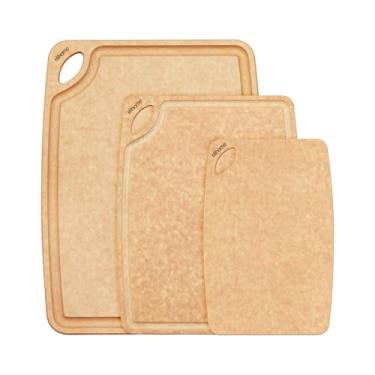 Imagem de Elihome Conjunto de tábua de corte 3 em 1 da série clássica para cozinha, composto de fibra de madeira natural, seguro para lava-louças, ecológico, sulcos de suco com alças de fácil aderência, não