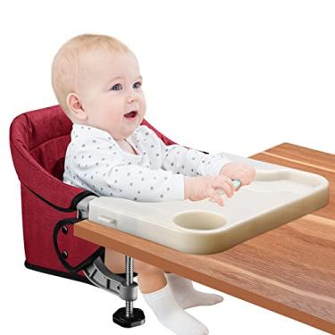 Imagem de Cadeira alta de gancho com bandeja de jantar removível, cadeira alta dobrável portátil com clipe na mesa, cadeira de bebê com bolsa de armazenamento para uso interno/externo (vermelho)