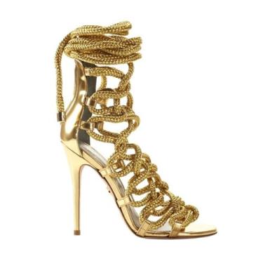 Imagem de UNWRBD Sandálias de 8 cm com tiras estilete de tamanho grande para verão de salto alto para banquetes e boates, douradas, US7,5 EU40