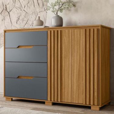 Imagem de Cômoda 4 Gavetas 2 Portas Ripado Texas Moval, Freijo/Cinza