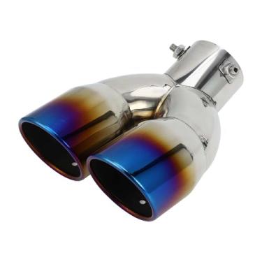 Imagem de VekAuto 1 peça ponta de escape dupla curva com corte inclinado 6 cm entrada 15,7 cm saída 20,6 cm comprimento tubo de escape universal parafuso de carro em aço inoxidável azul queimado traseiro