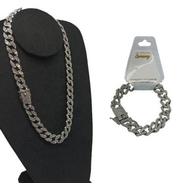 Imagem de Kit Ice Cuban Pulseira e Corrente Cravejado Brilho Prata - Lomany Co.