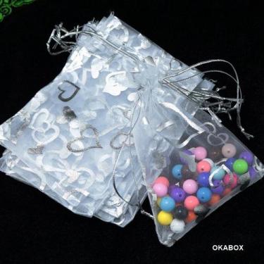 Imagem de Saquinho de organza fita Cetim 12x17 Coração Prata (50 Und) - OKABOX