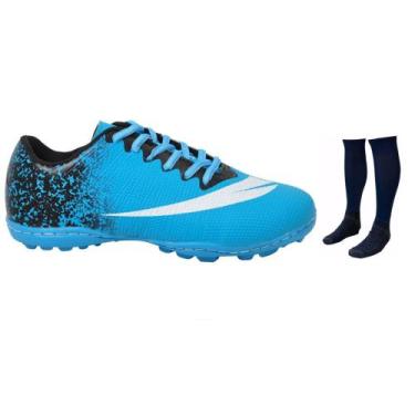 Imagem de Chuteira Society Adulto Infantil com Meião - Perflex, Azul celeste, 36