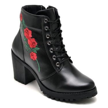 Imagem de Bota Coturno KRN Shoes de Couro Cano Curto com Bordado Flor e Salto Gr