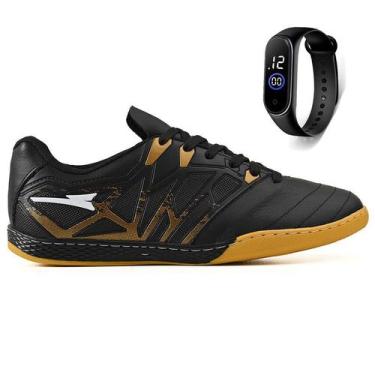 Imagem de Kit Chuteira Futsal Quadra Bico em Couro Reforçado Futebol Salao + Rel