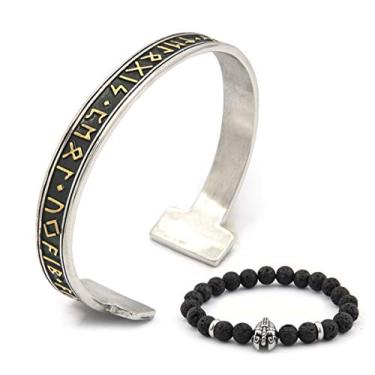Imagem de BaviPower Bracelete Nórdico Viking Rune Aço Inoxidável Banhado a Ouro 18 K Acessório para Homens Mulheres