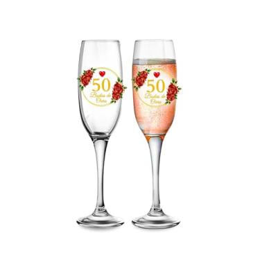 Imagem de Kit 2 Taças De Champanhe 210ml Vidro Personalizada Bodas De Ouro 50 Anos Casamento Celebração Presente Casal Aniversário Taça Decorativa