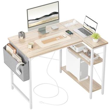 Imagem de TIQLAB Mesa de computador em forma de L com tomadas, mesa de canto pequena de 101 cm com prateleiras reversíveis, mesa de jogos, mesa de computador, mesa de estudo para escritório, quarto, espaço