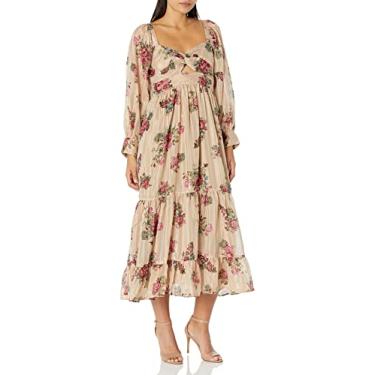 Imagem de Angie Vestido longo feminino de manga comprida com abertura frontal, Bege, M