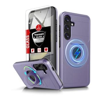 Imagem de FRLMOOES Capa para Samsung Glaxy S24 compatível com carregamento sem fio Glaxy magnético para S24 com protetor de tela, anel de suporte integrado e capa de câmera à prova de choque proteção resistente