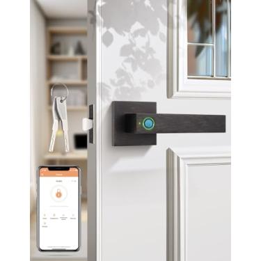 Imagem de Tinewa Fechadura de porta com impressão digital, maçaneta biométrica com fechadura inteligente, fechadura de maçaneta de entrada sem chave com aplicativo, quarto, escritório, hotel, despensa, bronze