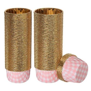 Imagem de HARFINGTON Copos de cupcake xadrez rosa dourado, 100 peças, folha de alumínio, 100 peças, forros de cupcake padrão, copos de cupcake para decoração de festa de aniversário, casamentos