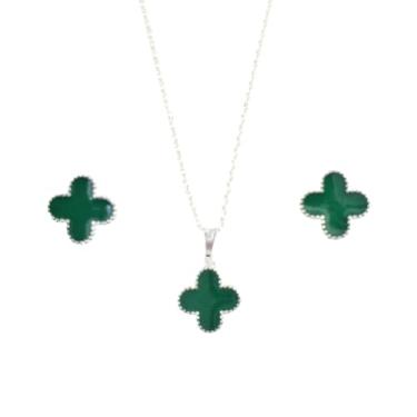 Imagem de Conjunto Gargantilha Colar e Brinco Trevo de Sorte Banhado a Ouro 18K – Elegância e Sofisticação para Mulheres de Estilo (Prateado)