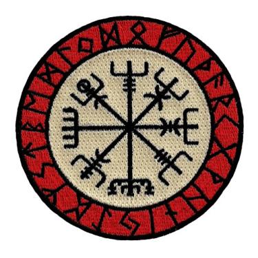 Imagem de Bússola Viking Bordado Branco Vermelho Vegvísir Iron-On Norwegian Navy Guide