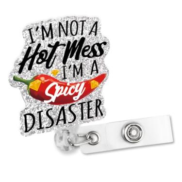 Imagem de Sixrip Carretel retrátil para crachá I'm Not A Hot Mess I'm A Spicy Disaster com clipe jacaré, suporte de crachá engraçado para enfermeira, médica, trabalhadora de consultório, professora, presente da