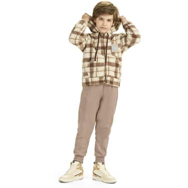 Imagem de Conjunto Infantil Menino Inverno Jaqueta Pelo E Calça Moletom Peluciado Xadrez Marrom  - Angerô-Masculino