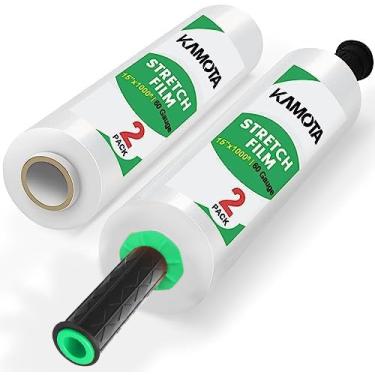 Imagem de Película elástica, KAMOTA Stretch Wrap com alças força industrial, rolo plástico de embrulho móvel, envoltório retrátil para embalagem de paletes, 38 cm x 300 metros, 2 unidades, calibre 60
